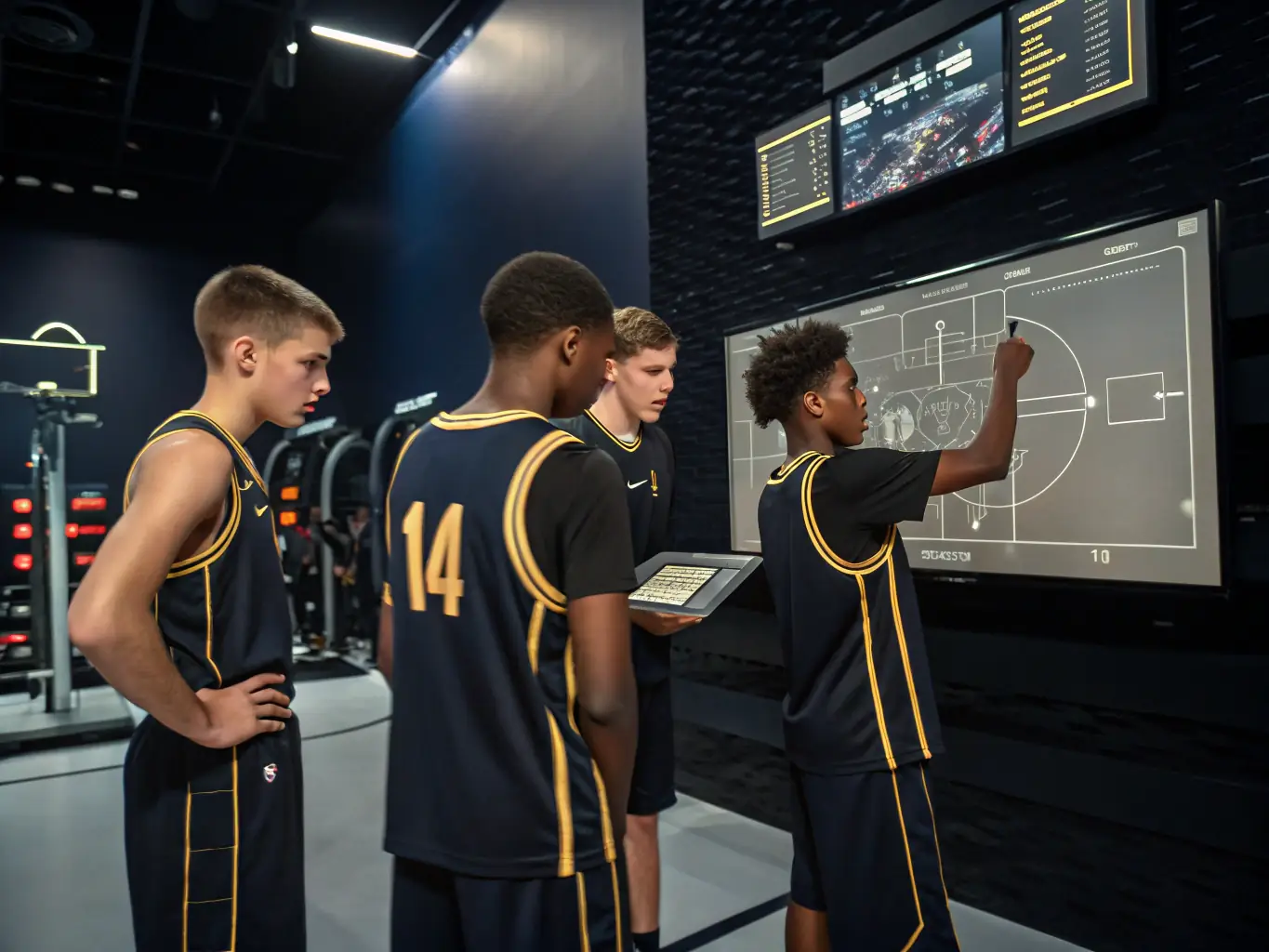 A dynamic image of a youth basketball team in action, focusing on teamwork and skill development during a training session.