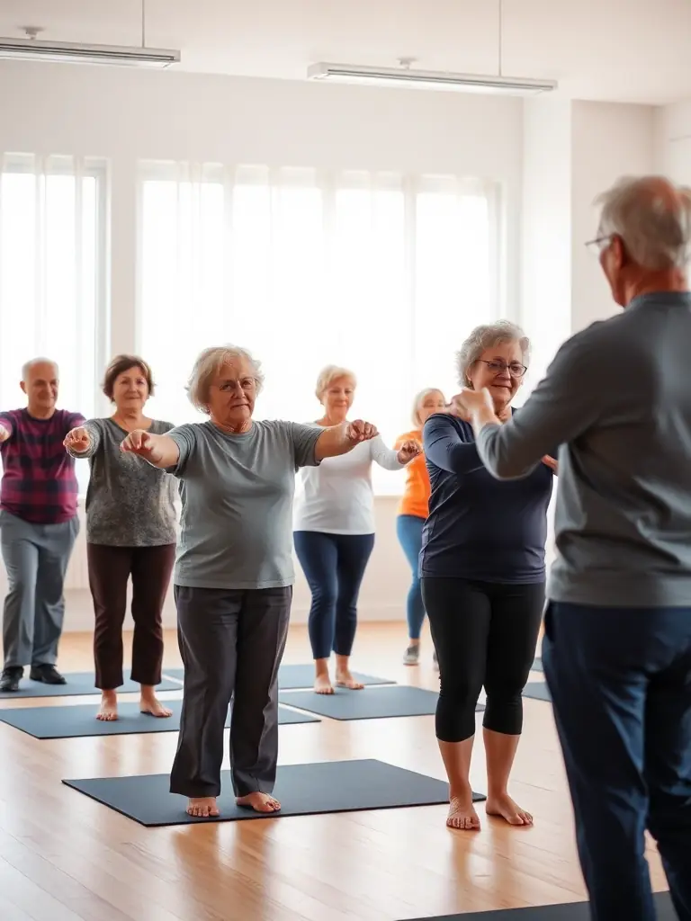 Seniors engaged in a gentle exercise class, focusing on flexibility, balance, and overall well-being, with a qualified instructor providing guidance.