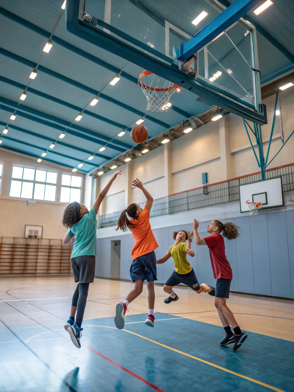 Teenagers playing basketball in an indoor court, showcasing teamwork and agility, with a focus on skill development and competitive play.