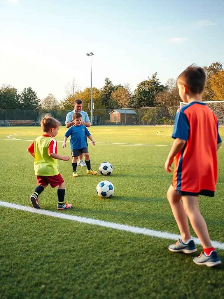 A group of young children participating in a soccer training session, focusing on dribbling skills, with a coach providing guidance in a sunny, green field setting.