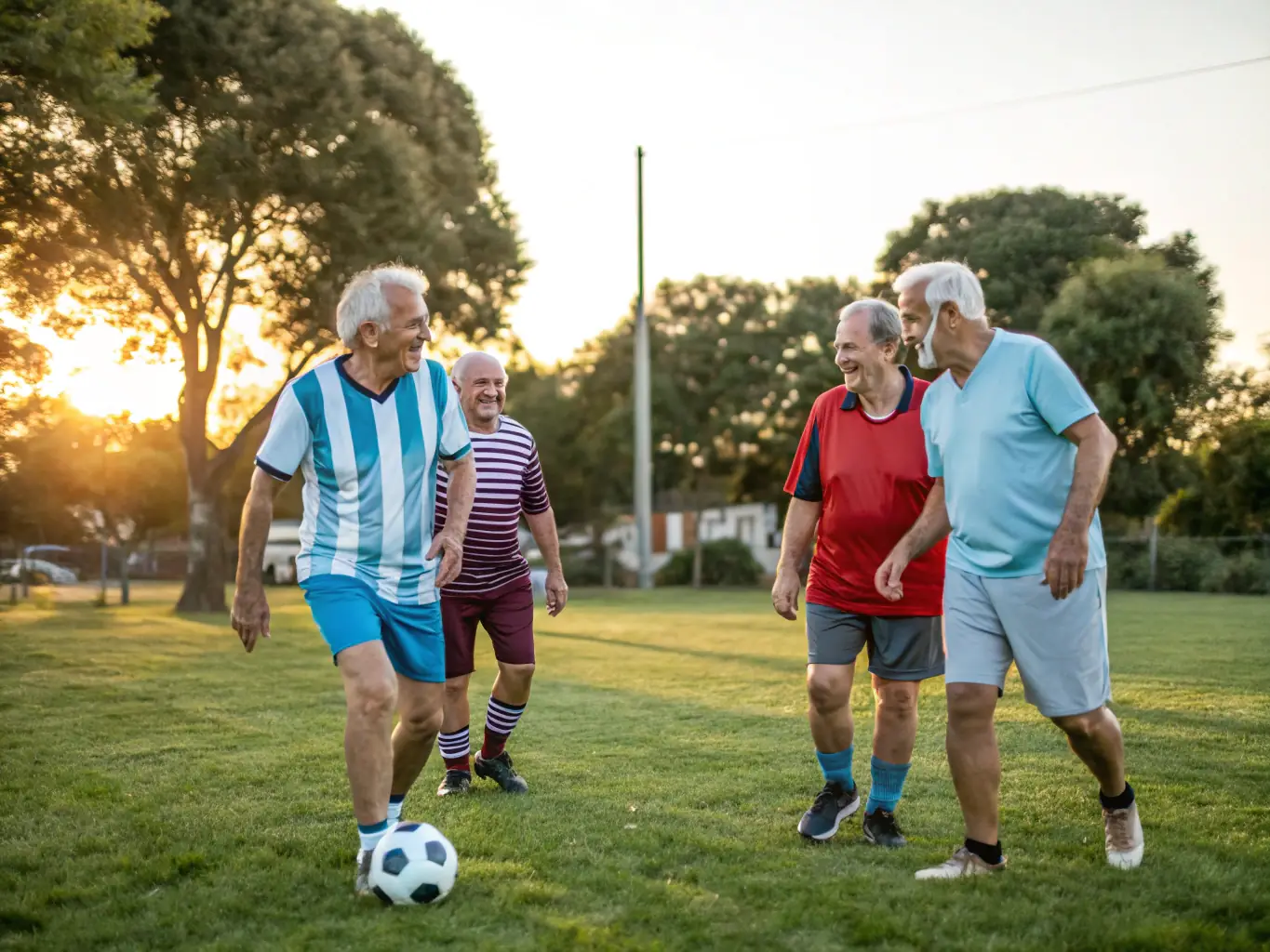 An image of adults participating in a friendly soccer match, emphasizing the fun and social aspects of the sport.